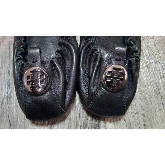 Tory Burch 6.5 Abbey Metallic Black Leather Cap Toe Ballet Casual Occasion Flats - Picture 4 of 5